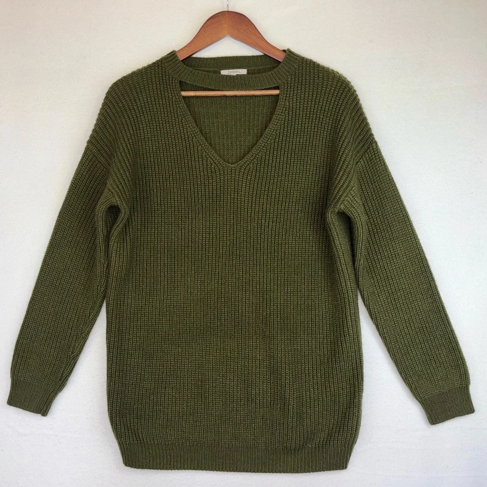 JODIFL Y2K Women Green Knit Sweater Top‎ Long Sleeve Cutout V Oversized Medium